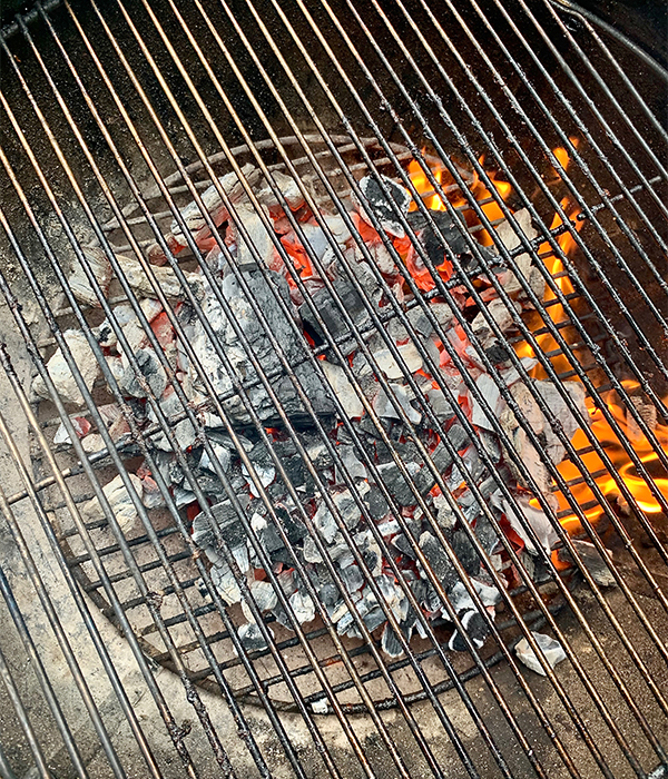 Overhead shot of coal in a Kettle Grill