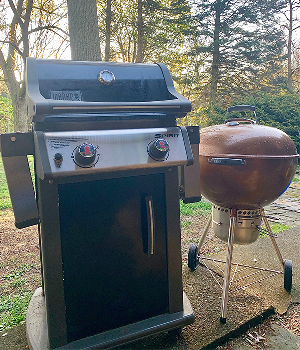 Kamado Style and Gas Grills on Patio