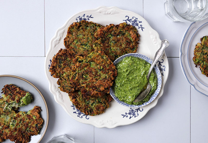 Whole30 & Paleo Zucchini Fritters with Pesto Aioli