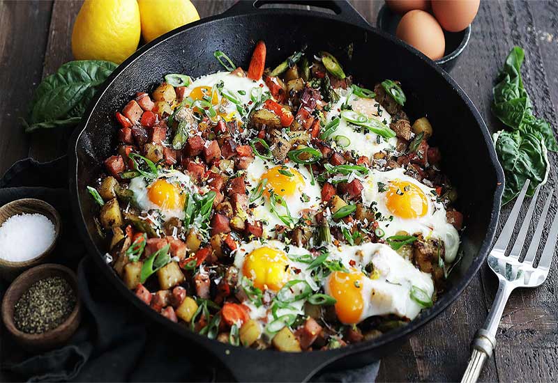 Spring Vegetable Hash with Ham and Eggs
