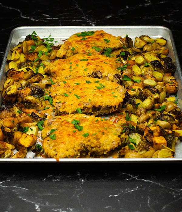 Sheet Pan Crispy Cheddar Pork Chops