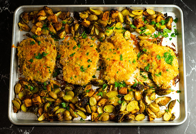 Sheet Pan Crispy Cheddar Pork Chops