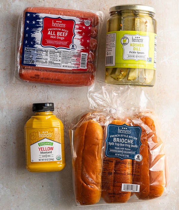 Ingredients for Chicago Dog (Heinen's Brioche Buns, Heinen's Yellow Mustard, Heinen's Kosher Dill Pickles, Heinen's All Beef Hot Dogs)