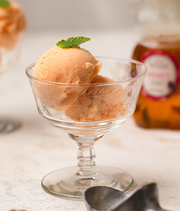 Cantaloupe Sherbet in a glass sundae bowl