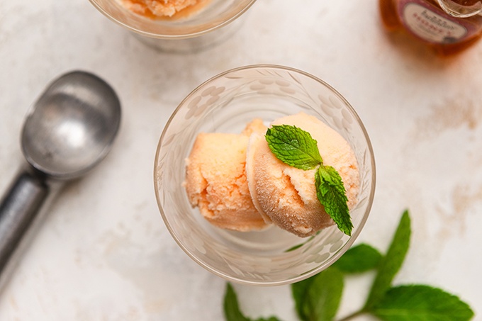 Overhead view of Cantaloupe Sherbet in a glass sundae bowl