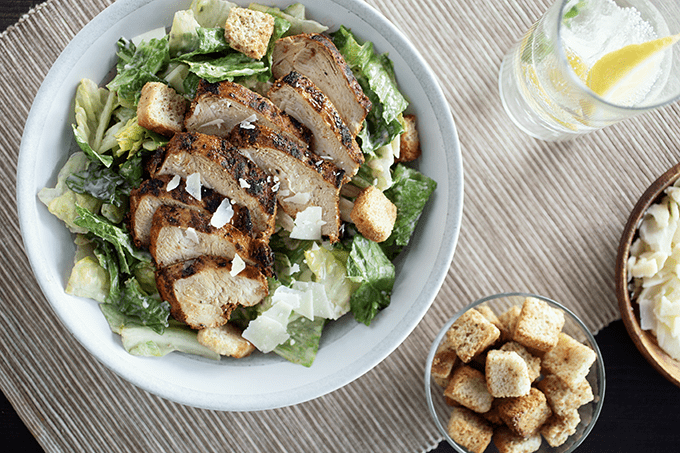 Overhead view of Blackened Chicken Caesar Salad