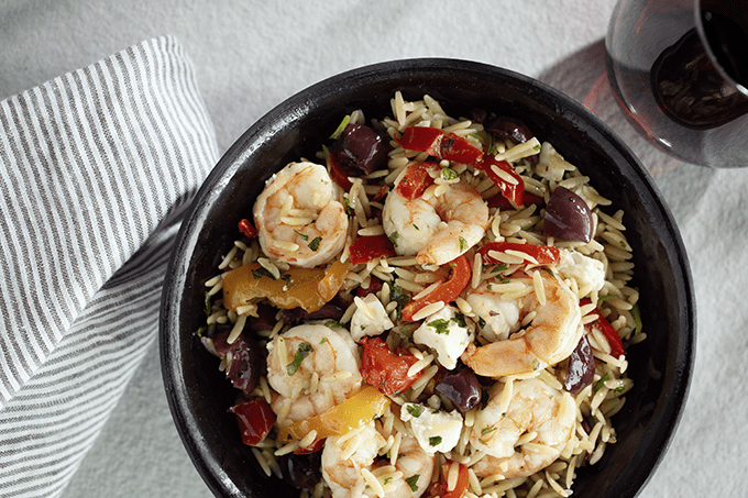 Overhead shot of Greek Orzo and Shrimp Salad