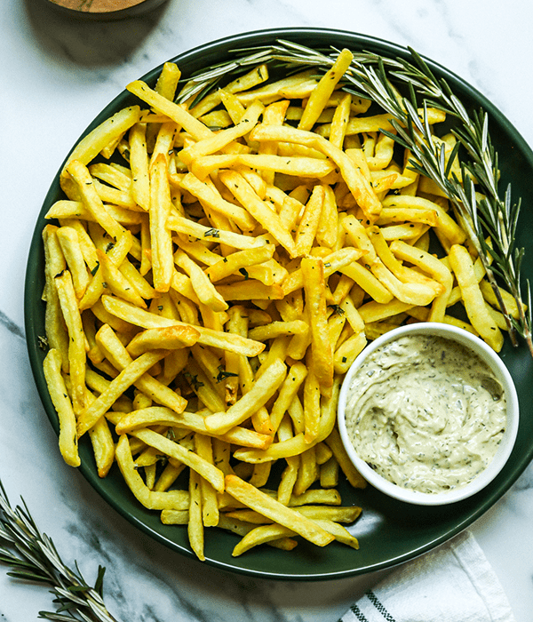 Rosemary Fries on a Plate with Dipping Sauce