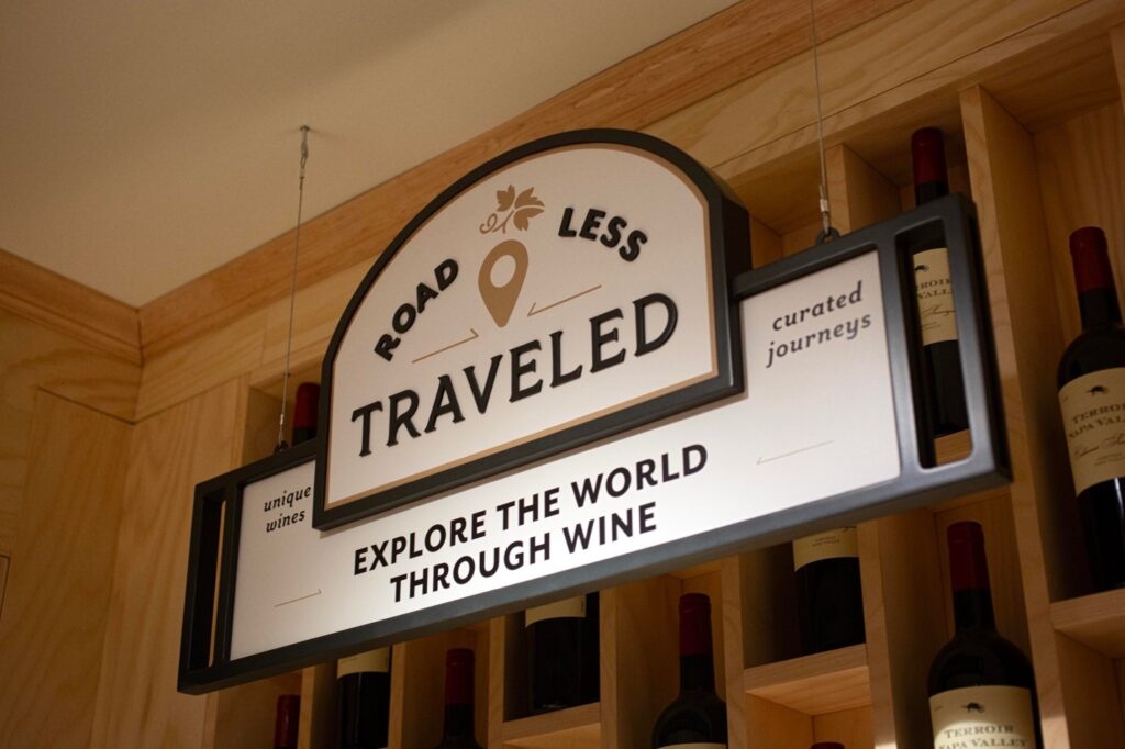 Road Less Traveled Sign at Heinens Wine Department