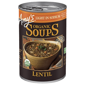 A Can of Amy's Low in Sodium Lentil Soup