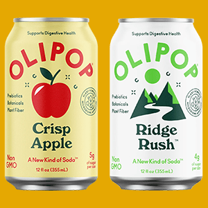 Cans of Olipop Crisp Apple and Ridge Rush Prebiotic Sodas