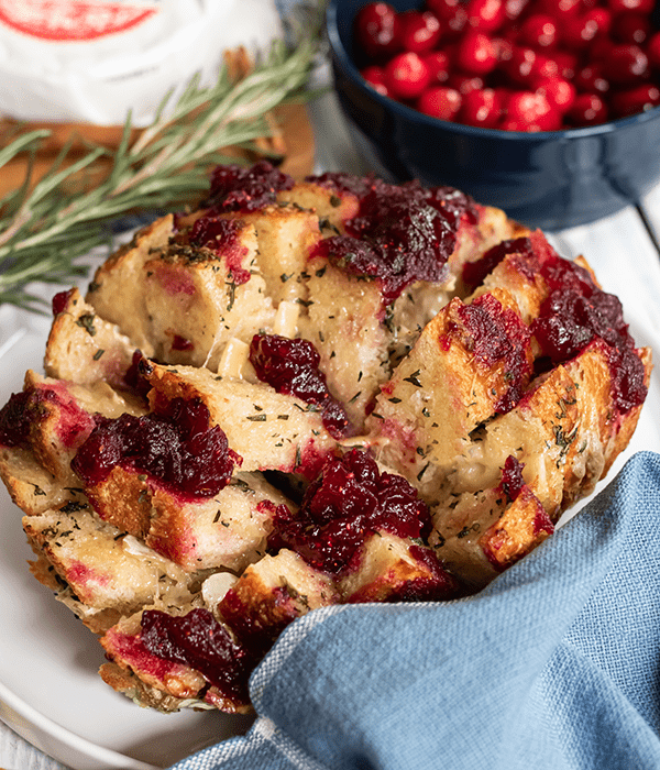 A Close Up Image of a Loaf of Cranberry Brie Pull Apart Bread