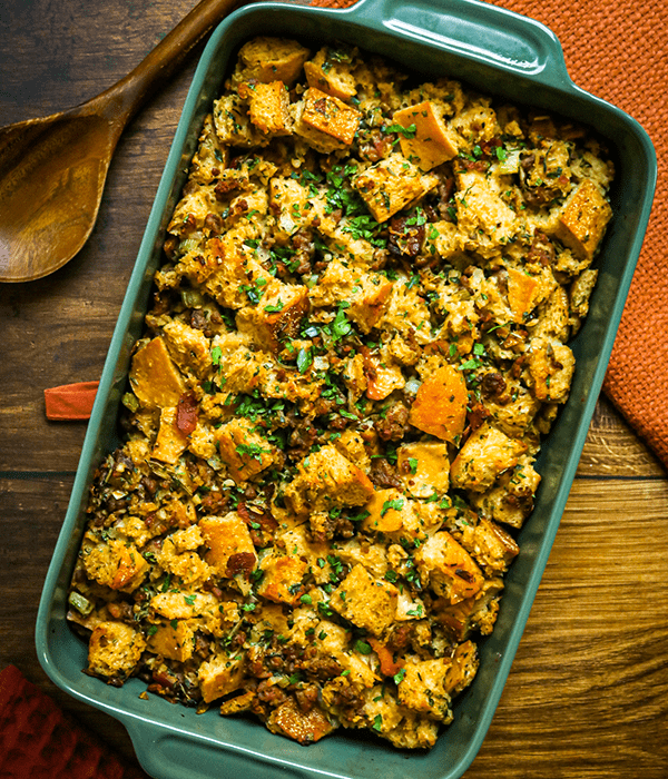 Herb Stuffing with Bacon and Sausage in a Casserole Dish