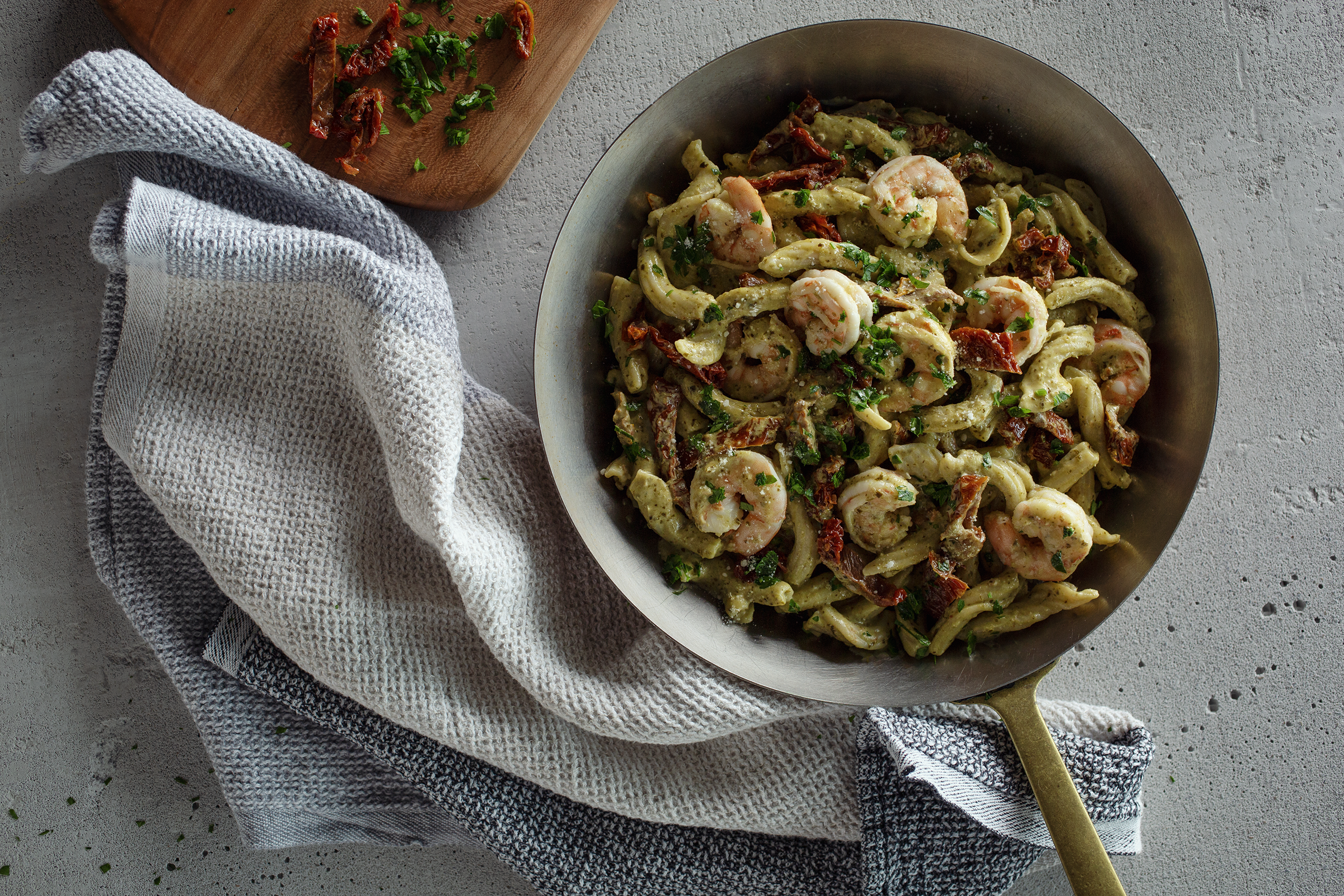 Shrimp Garganelli with Creamy Basil Pesto