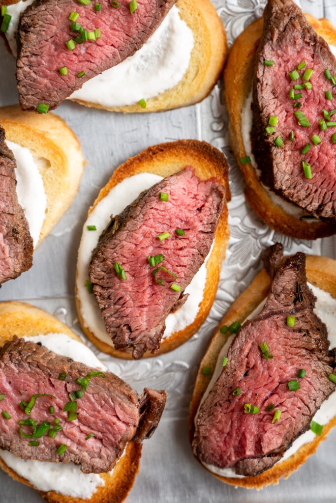 Steak Crostini with Horseradish Cream Sauce Close Up