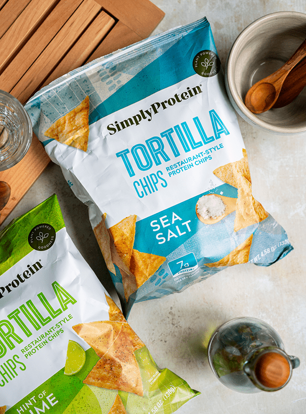 Two simply Protein Tortilla Chip bags. 