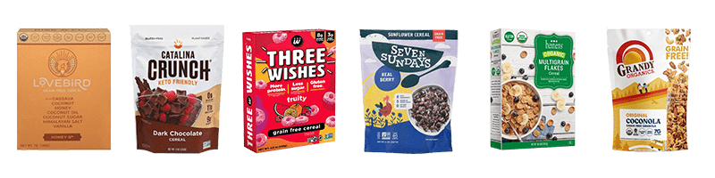 Boxes of Lovebird Cereal, Catalina Crunch Cereal, Three Wishes Cereal, Seven Sundays Cereal, Heinen's Organic Multigrain Flakes Cereal, and Grandy Organics Coconola Original Grain-Free Granola 