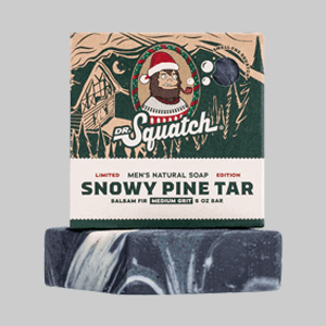 Bar of Dr. Squatch's Snowy Pine Tar soap. 