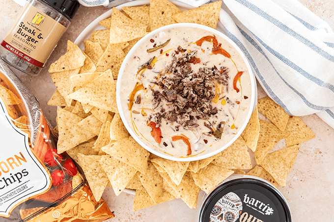 Philly Cheesesteak Queso with chips.