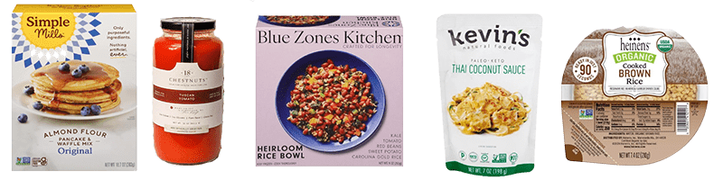 Simple Mills Pancake and Waffle Almond Flour Baking Mix, 18 Chestnuts Tuscan Tomato Soup, Blue Zones Kitchen Heirloom Rice Bowl, Kevins Natural Foods Thai Coconut Simmer Sauce, and Heinen's Organic Cooked Brown Rice Bowl