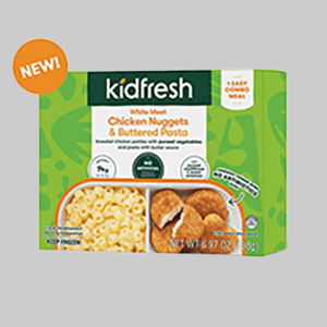 Package of Kidfresh Chicken Nugget and Butter Pasta frozen meal. 