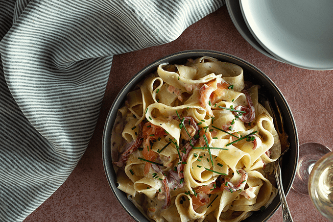 Smoked Salmon Pappardelle served in a bowl. 