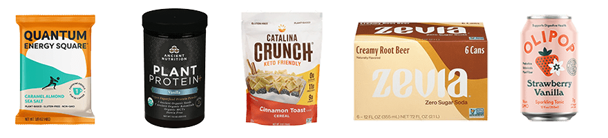 Lineup of products with Fx-approved sweeteners including Quantum nutrition bars, Ancient Nutrition Protein powder, Catalina Crunch cereal, Zevia soda, and Olipop prebiotic beverage. 