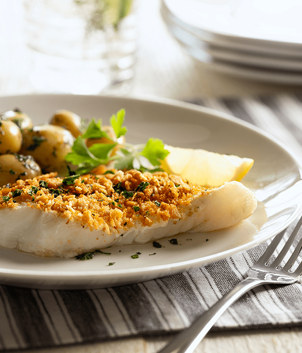 Cracker Crusted Cod on a Plate with Roasted Potatoes