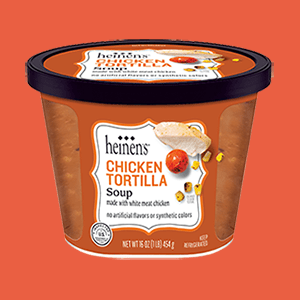 Container of Heinen's Chicken Tortilla soup. 