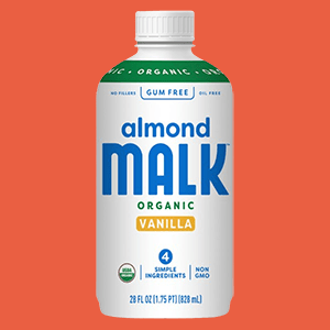 Container of Malk Organic Vanilla Almond Milk. 