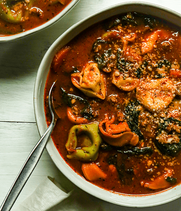 A Bowl of Slow Cooker Sausage Tortelloni Soup