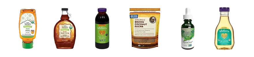 Alternative sugars including Heinen’s raw honey, Heinen’s pure maple syrup, Wholesome unsulfured molasses and Big Tree Farms coconut sugar, Sweet Leaf stevia drops and Wholesome allulose. 