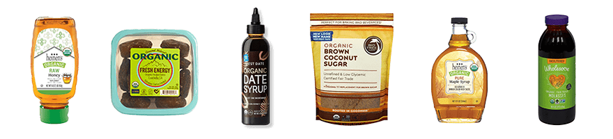 Heinen's Raw Honey Bottle, Fresh Energy Date Container, Just Date Date Syrup Bottle, Big Tree Farms Coconut Sugar Bag, Heinen's Pre Organic Maple Syrup Bottle, and Wholesome Blackstrap Molasses Bottle