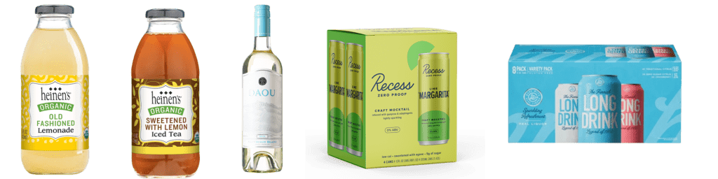 Picnic Drinks including Heinen's Bottled Lemonade, Heinen's Bottled Iced Tea, Daou Sauvignon Blanc, Recess Margarita Mocktail, and Long Drink Ready to Drink Variety Pack Seltzers