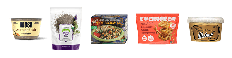 Mush Overnight Oats, Heinen's Chia Seeds, Amy's Kitchen Tofu Scramble, Evergreen Zucchini Carrot Cake Waffles, Heinen's Fresh Ground Walnut Butter