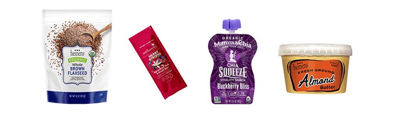 Heinen's Organic Whole Brown Flaxseed, Wellwerks bar, Mamma Chia Squeeze, Fresh Ground Almond Butter