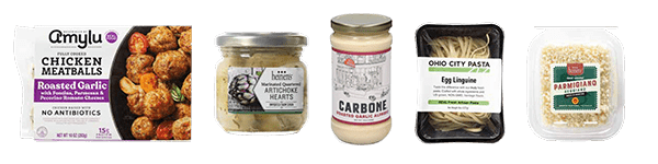 A Package of Amylu Chicken Meatballs, a Jar of Heinen's Quartered Artichoke Hearts, a Jar of Carbone Roasted Garlic Alfredo Sauce, a Package of Ohio City Pasta Egg Linguine, and a Package of Heinen's Grated Parmigiano Reggiano
