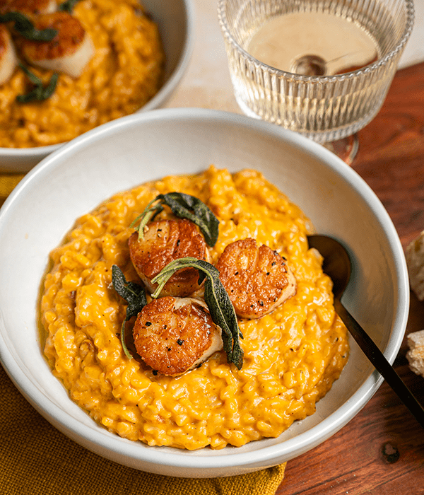 Pumpkin Risotto with Seared Scallops and Crispy Sage