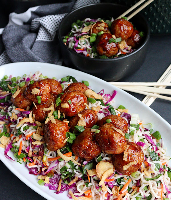 Sweet & Spicy Asian Meatballs with Ramen Noodle Salad Heinen's